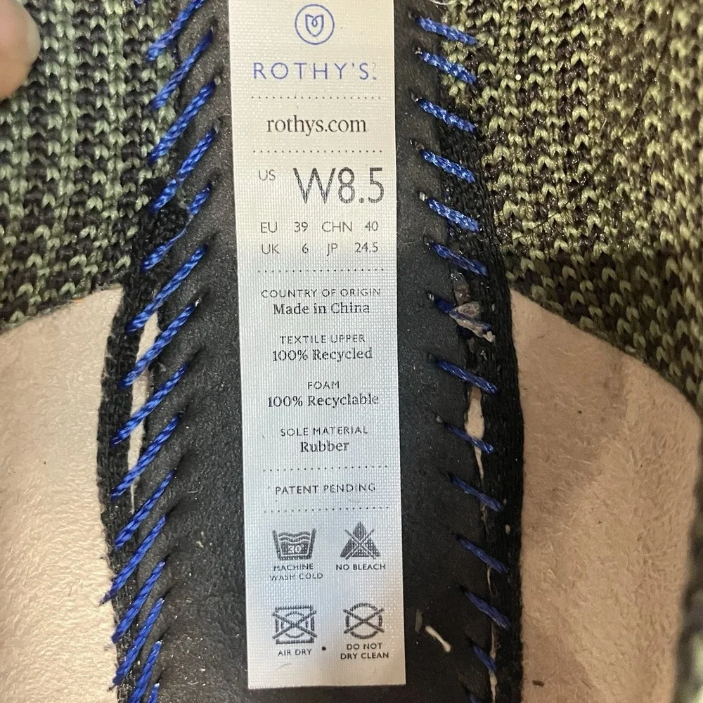 Rothys The Point Womens Sz 8.5 Green Camo Blue Trim Knit Ballet Flats Washable